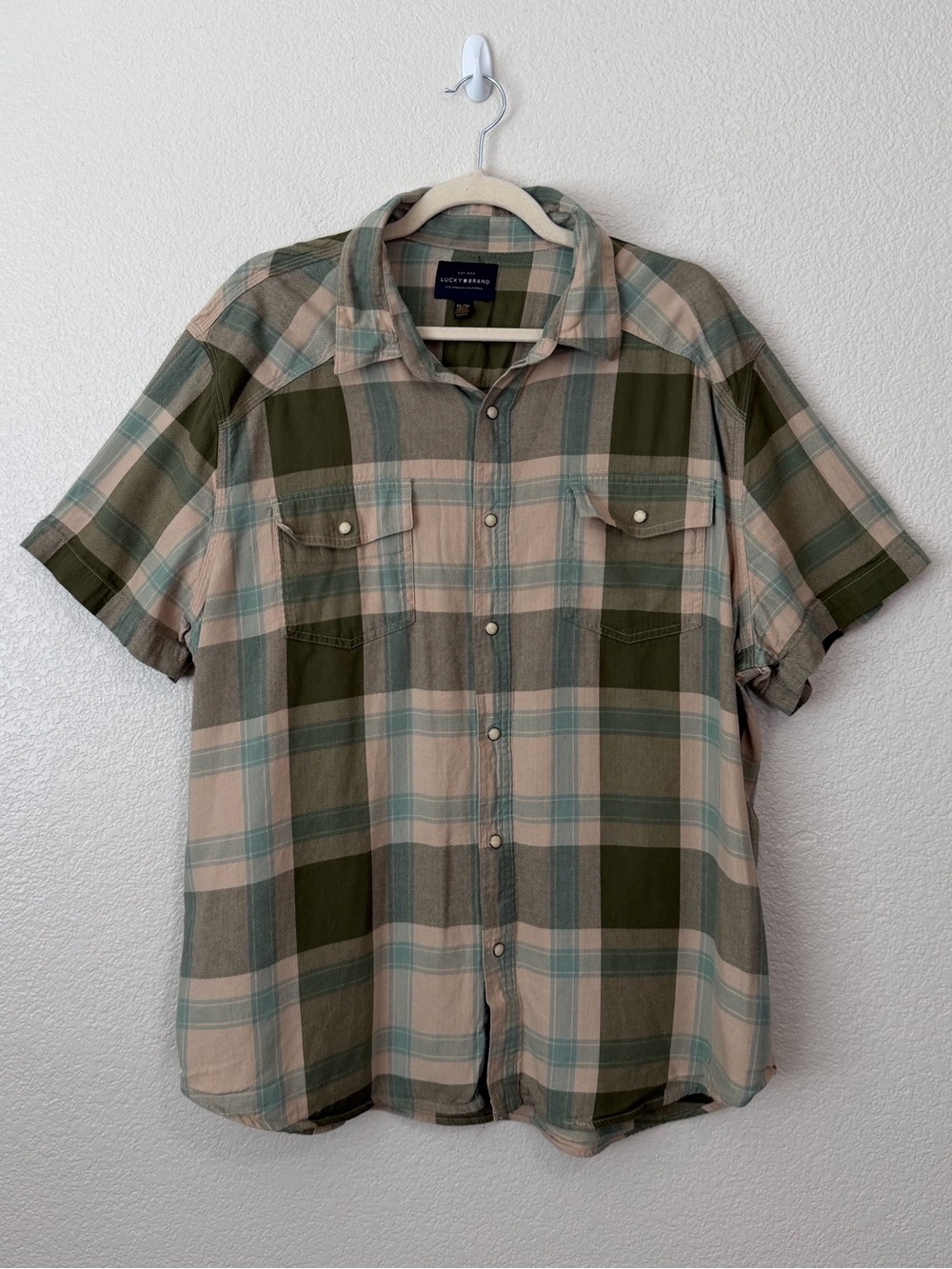 Lucky Brand Men's Green Beige Plaid Short Sleeves Button Down Shirt, Size XL